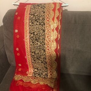 Festive Red Net/Georgette Saree with Black Blouse